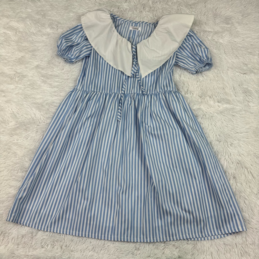Femi short sleeve oversized collar striped dress V neck‎ blue white blue
